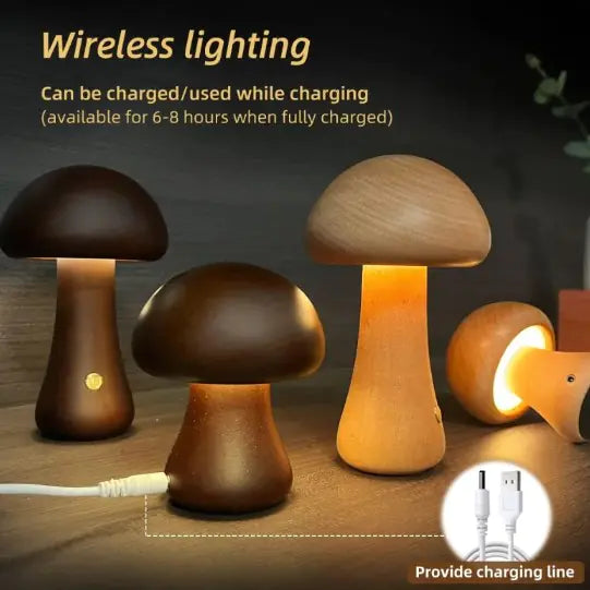 Lampe de Chevet Champignon en Bois - Éclairage LED Doux et Décoratif
