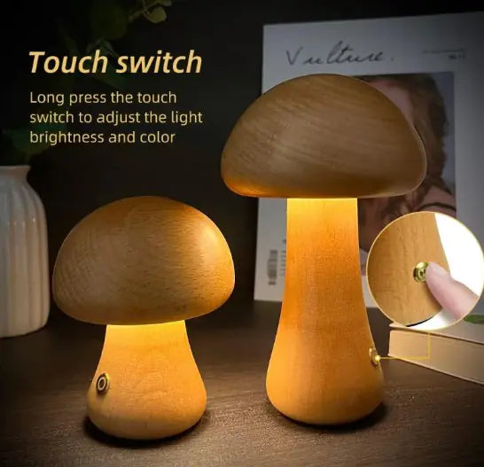 Lampe de Chevet Champignon en Bois - Éclairage LED Doux et Décoratif