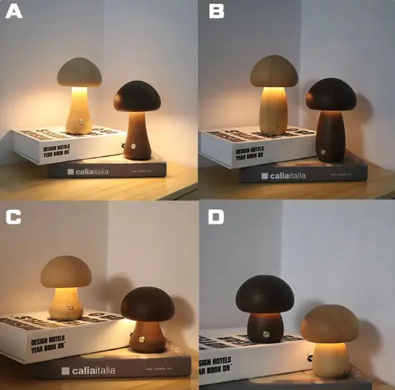 Lampe de Chevet Champignon en Bois - Éclairage LED Doux et Décoratif