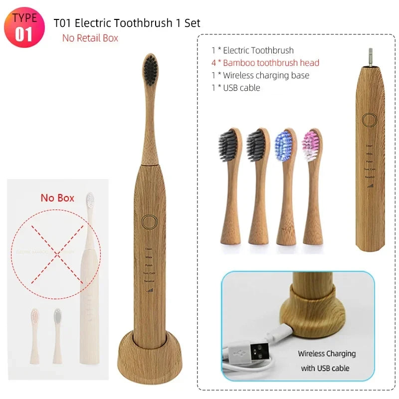 Brosse à dents électrique en bambou – Écologique et rechargeable avec 3 têtes souples