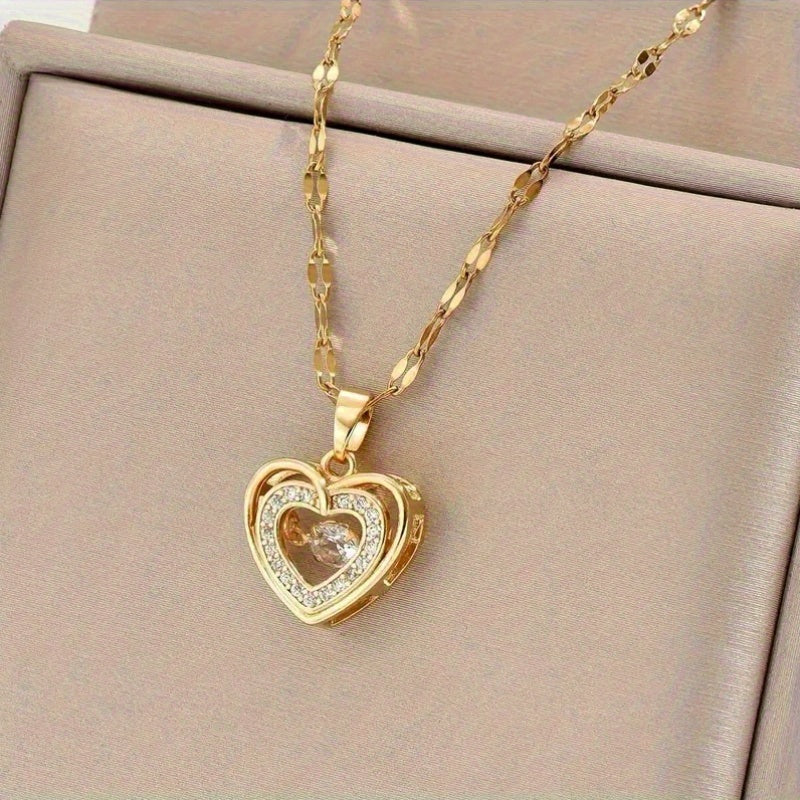 Collier Pendentif Cœur Doré en Acier Inoxydable avec Zircon Brillant – Bijou Élégant Femme, Idée Cadeau