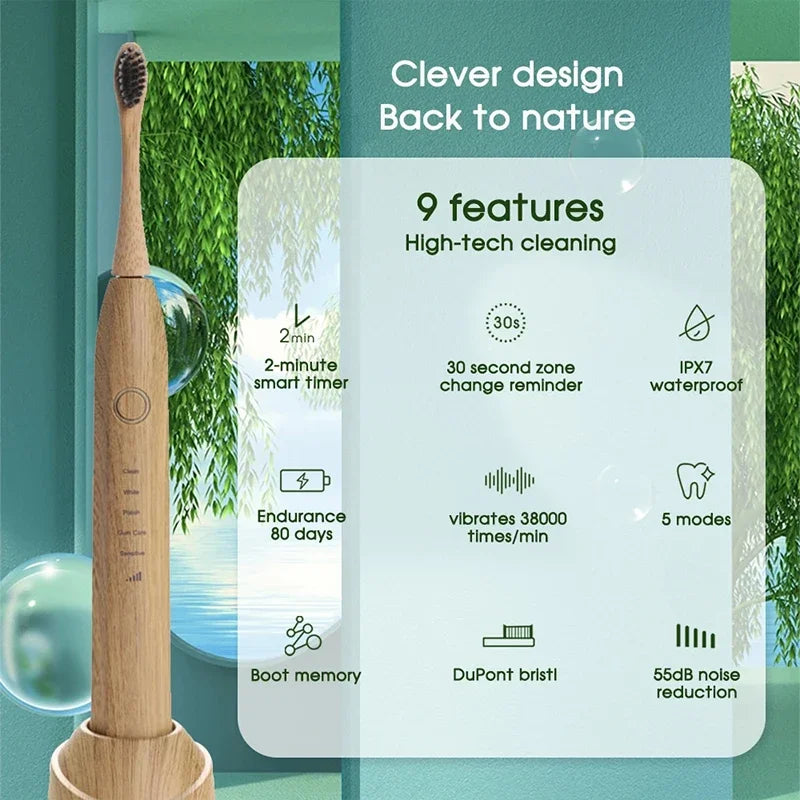 Brosse à dents électrique en bambou – Écologique et rechargeable avec 3 têtes souples