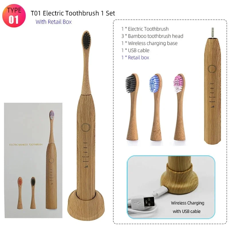 Brosse à dents électrique en bambou – Écologique et rechargeable avec 3 têtes souples