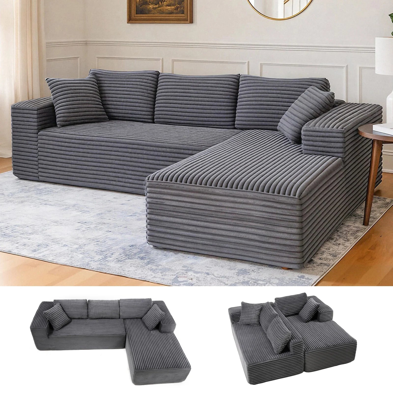 أريكة كومهوما المعيارية على شكل حرف L بطول 105 بوصة - كرسي استرخاء من قماش منسوج، لا يتطلب تجميعًا