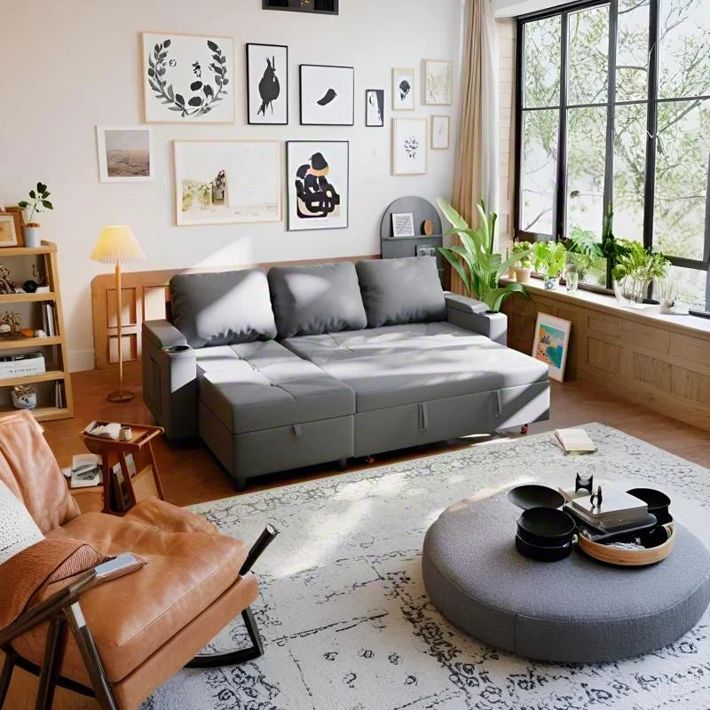 أريكة زاوية قابلة للتحويل من ديفوكو - 3 مقاعد مع وظيفة سرير وتخزين، تصميم مدمج على شكل حرف L