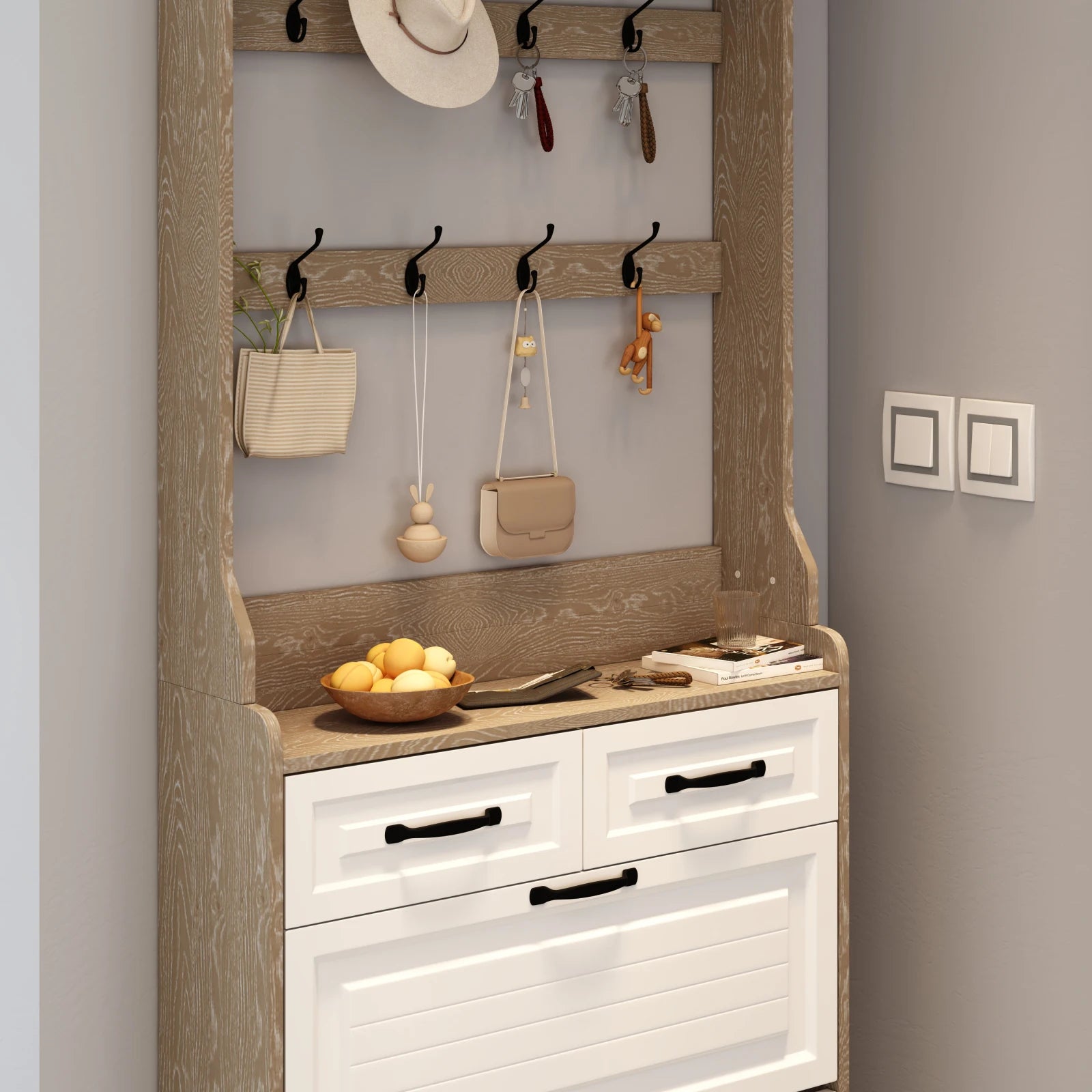 Meuble d’Entrée avec Porte-Manteau & Range-Chaussures – Armoire de Rangement avec 3 Portes et 2 Tiroirs