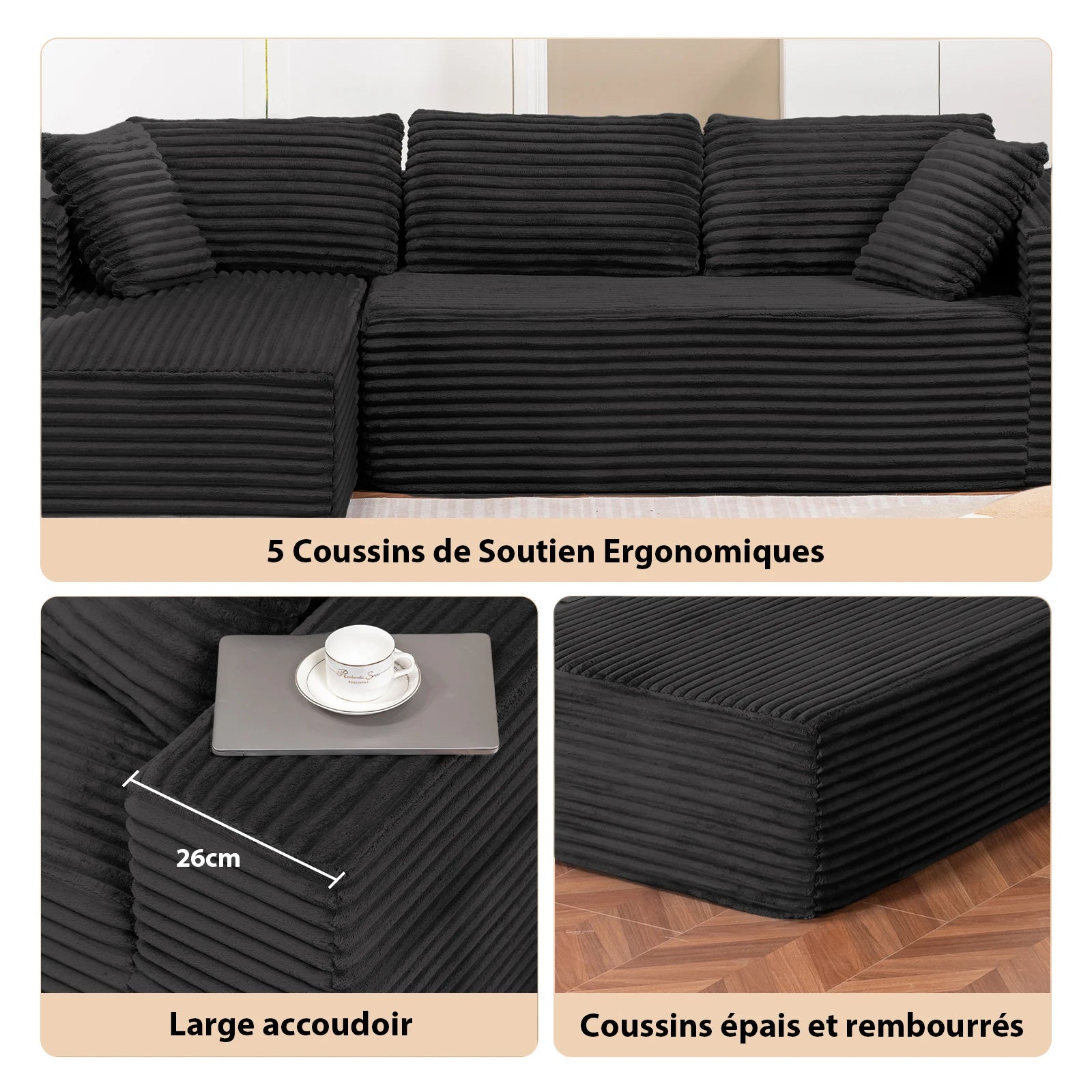 أريكة كومهوما المعيارية على شكل حرف L بطول 105 بوصة - كرسي استرخاء من قماش منسوج، لا يتطلب تجميعًا