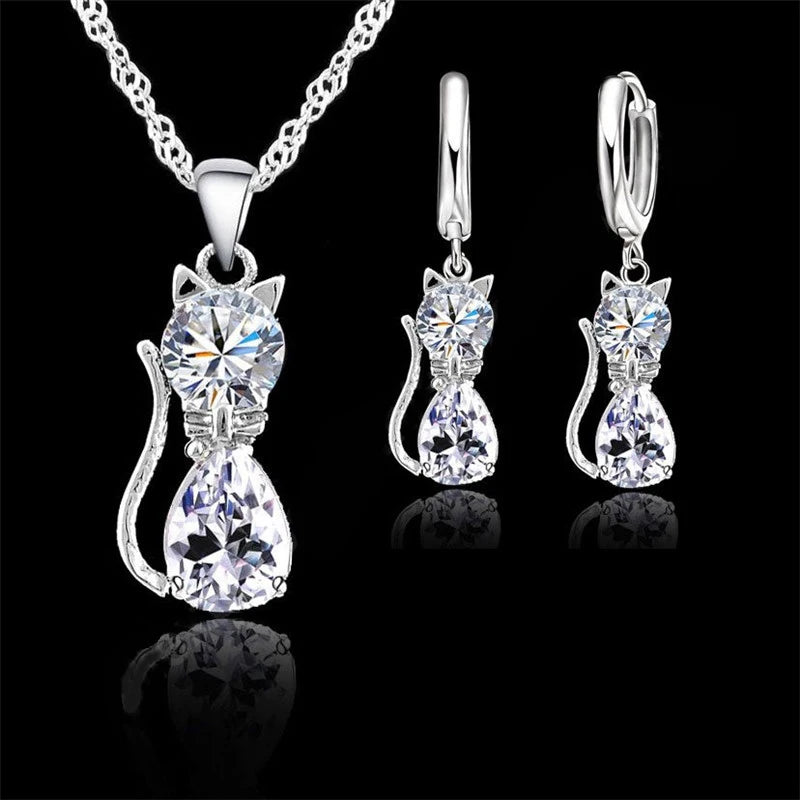 Parure Bijoux Argent 925 Chat – Collier & Boucles d’Oreilles Zircon Élégants