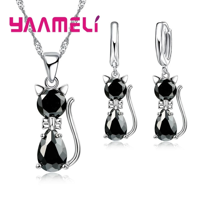Parure Bijoux Argent 925 Chat – Collier & Boucles d’Oreilles Zircon Élégants