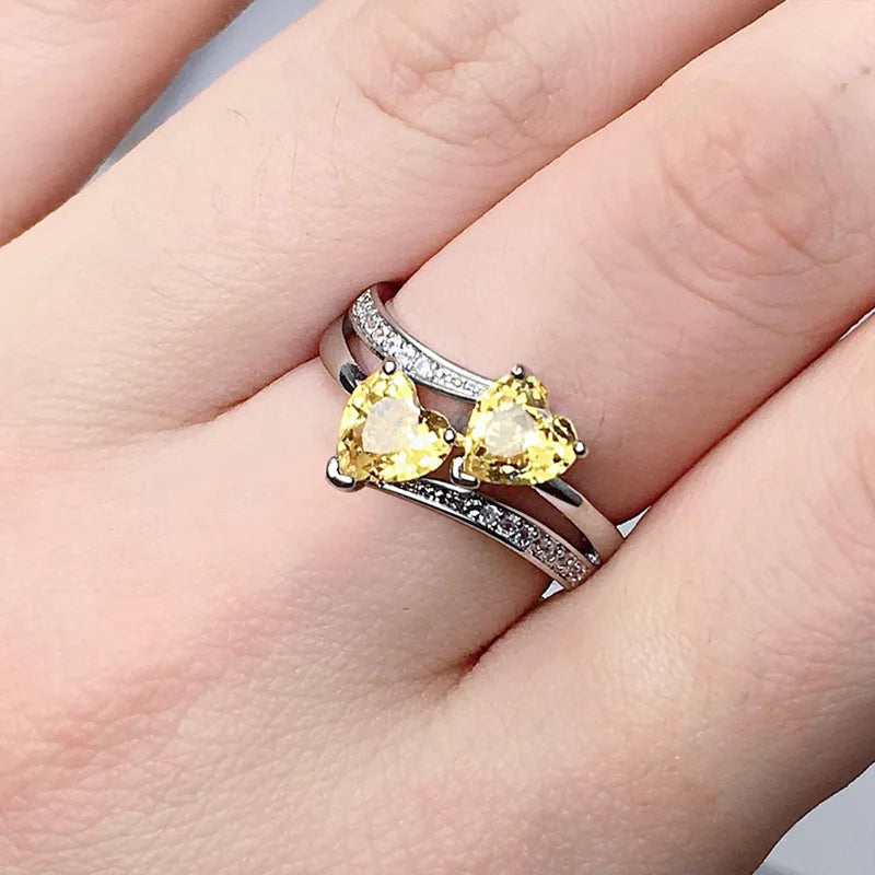 Bague Double Cœur Brillante – Zircons Cubiques & Finition Argentée, Cadeau Élégant pour Femme