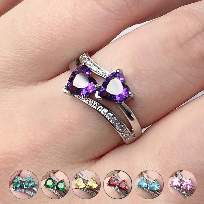 Bague Double Cœur Brillante – Zircons Cubiques & Finition Argentée, Cadeau Élégant pour Femme