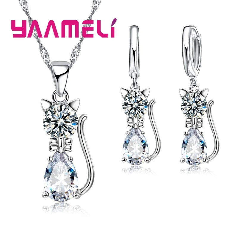 Parure Bijoux Argent 925 Chat – Collier & Boucles d’Oreilles Zircon Élégants