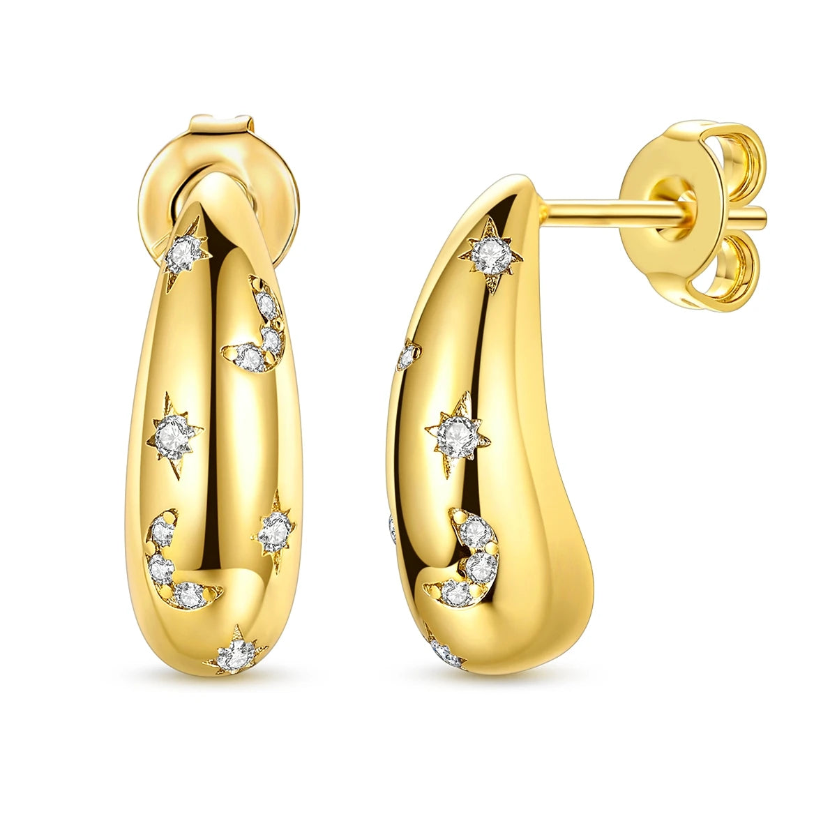 Boucles d’Oreilles Cercle en Argent 925 Plaqué Or – Motifs Soleil, Lune et Cœur pour Femme