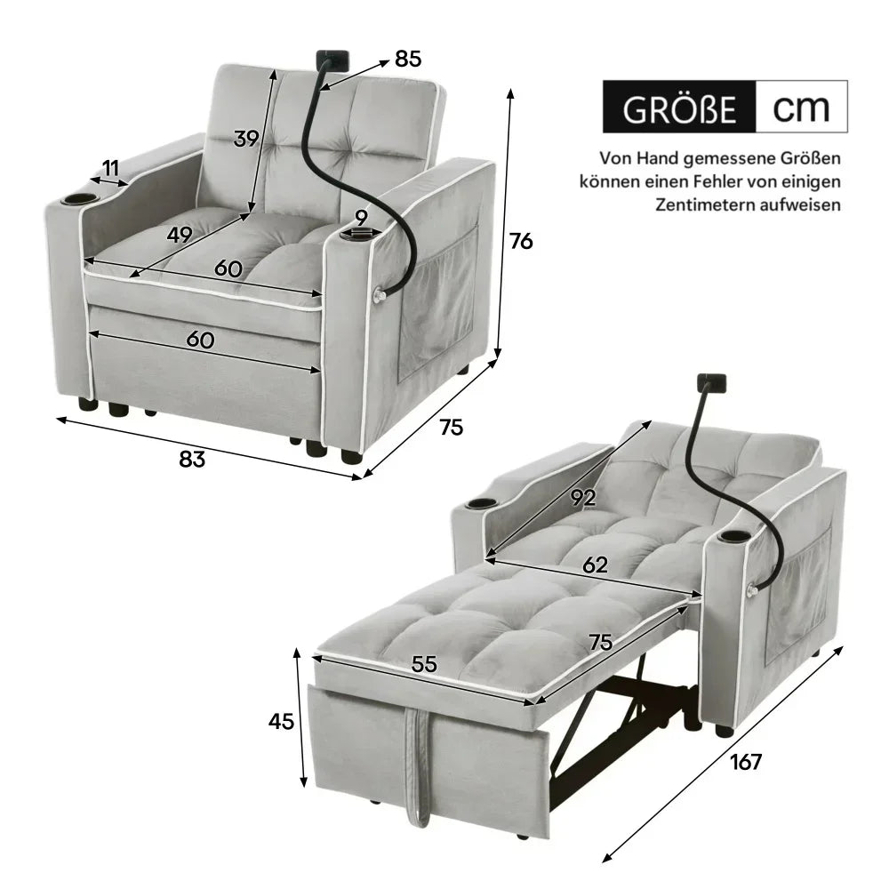 Fauteuil-Lit 3-en-1 Extractible – Chaise Longue Convertible Gain de Place avec Porte-Boisson