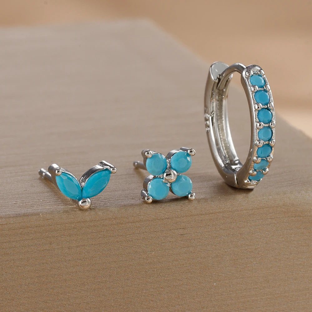 Set de 3 Boucles d’Oreilles Dorées en Acier Inoxydable – Créoles Cercle & Clou Fleur avec Zircon pour Femme