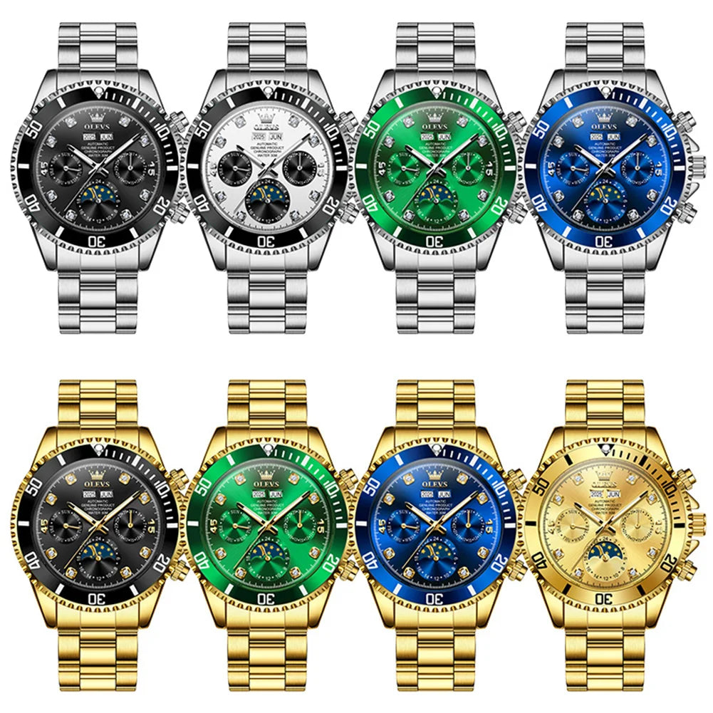 Montre Automatique Homme avec Phase de Lune – Affichage 24 Heures, Date & Aiguilles Lumineuses (30 m)