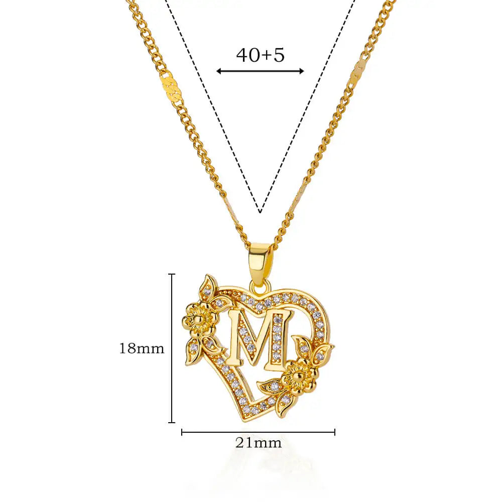 Initial Heart Flower Zircon Necklace – Gold Plated Stainless Steel, Elegant and Personalized Jewelry for Women