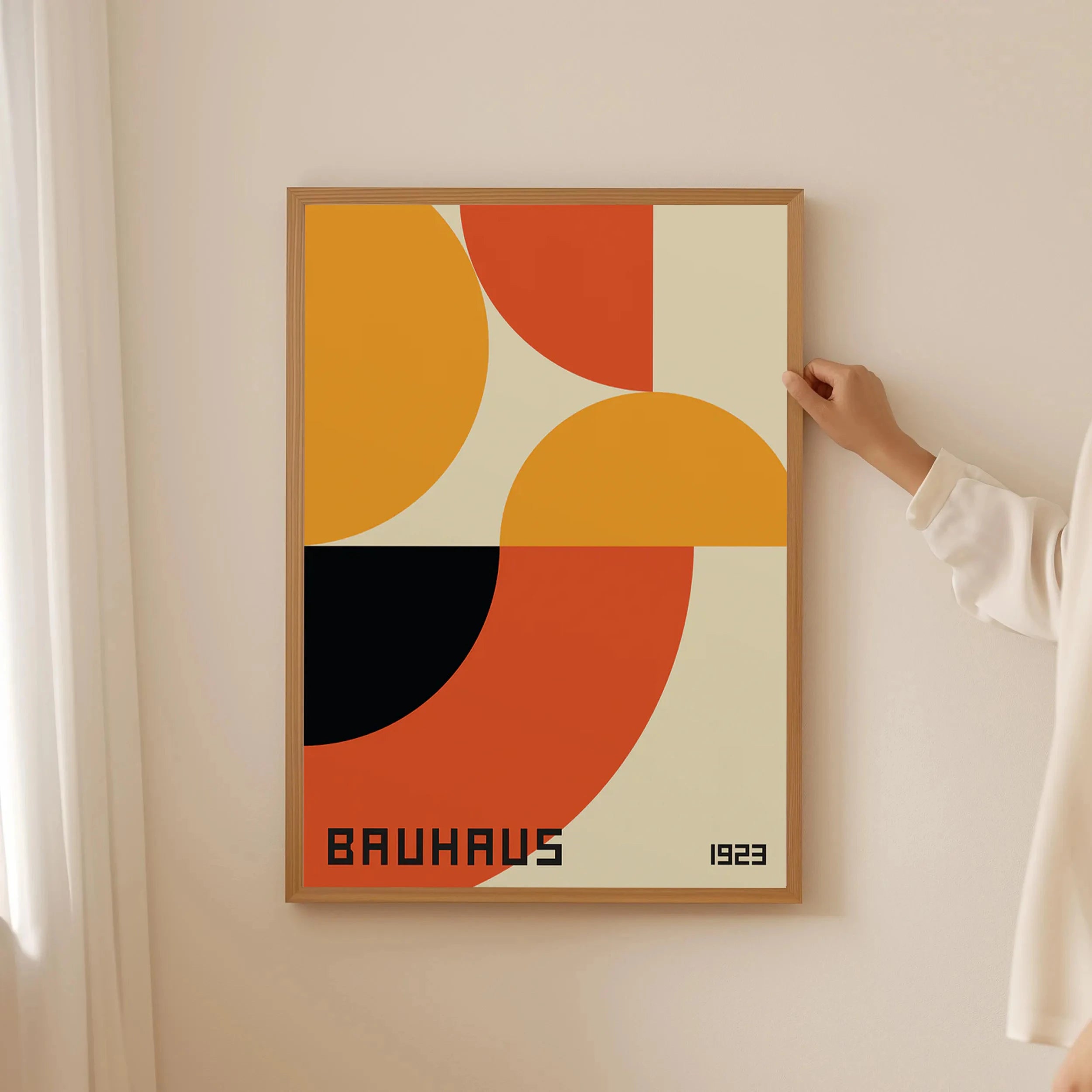 Abstract Geometric Bauhaus Style Wall Art – Modern Orange Illustration with Sun and Bicycle, Interior Decoration