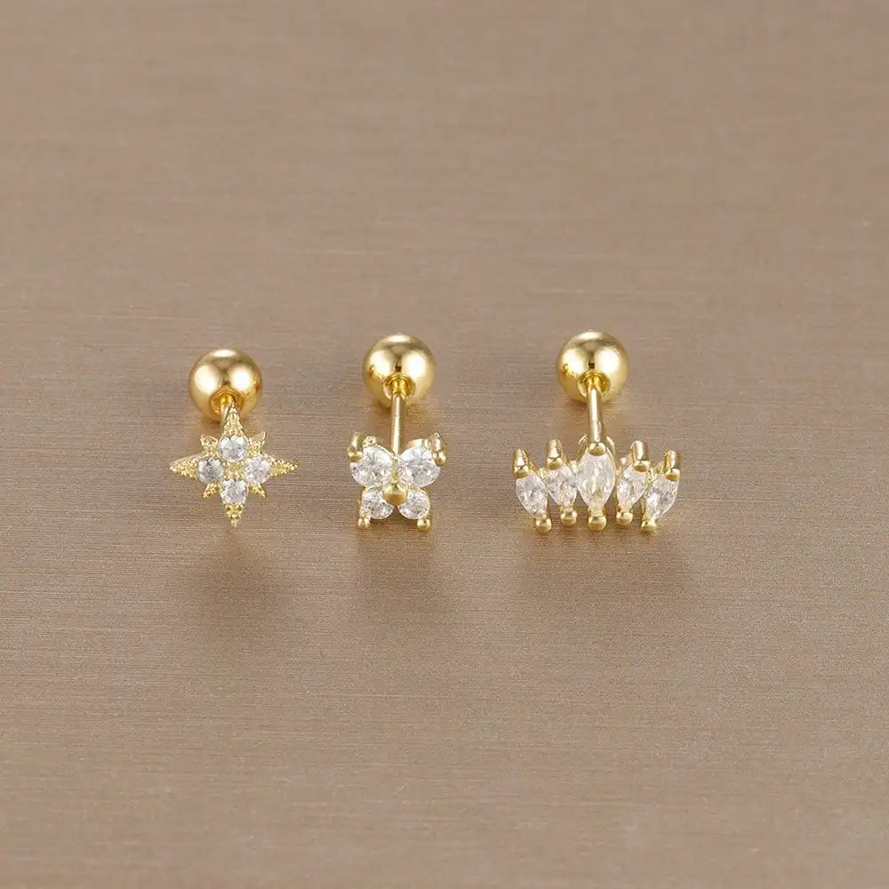 Set de 3 Boucles d’Oreilles Puces Couronne – Plaqué Or 14K avec Cristaux Zircon pour Femme