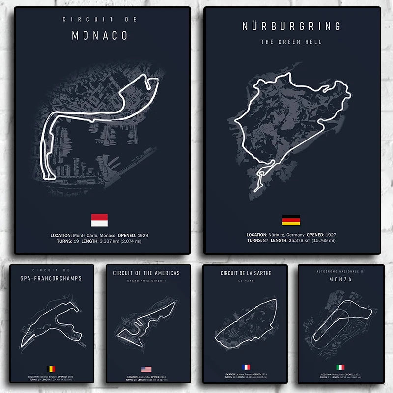 Affiche Murale Motorsport Formule 1 – Illustration des Circuits d’Imola et Monaco, Style Nordique, Décoration Intérieure