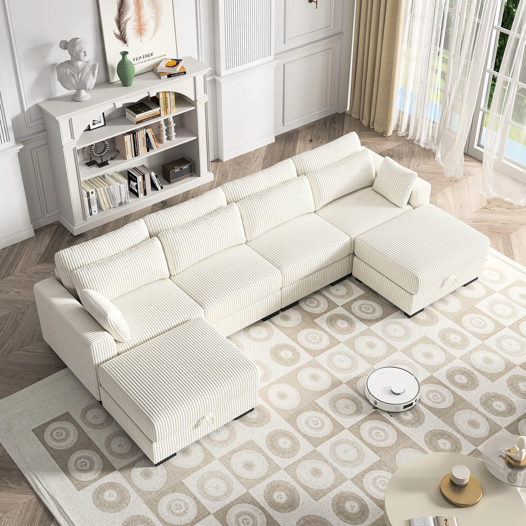 Modular Multi-Seater Sofa in Corduroy – High Resilience Seat, Mobile Footrest, Removable Cushions &amp; Integrated Storage