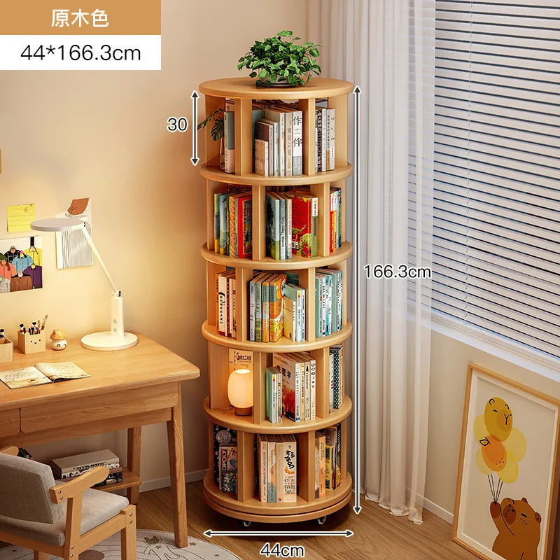 Bibliothèque Rotative 360° en Bois Massif – Étagère Mobile Gain de Place pour Coin & Chambre Enfant