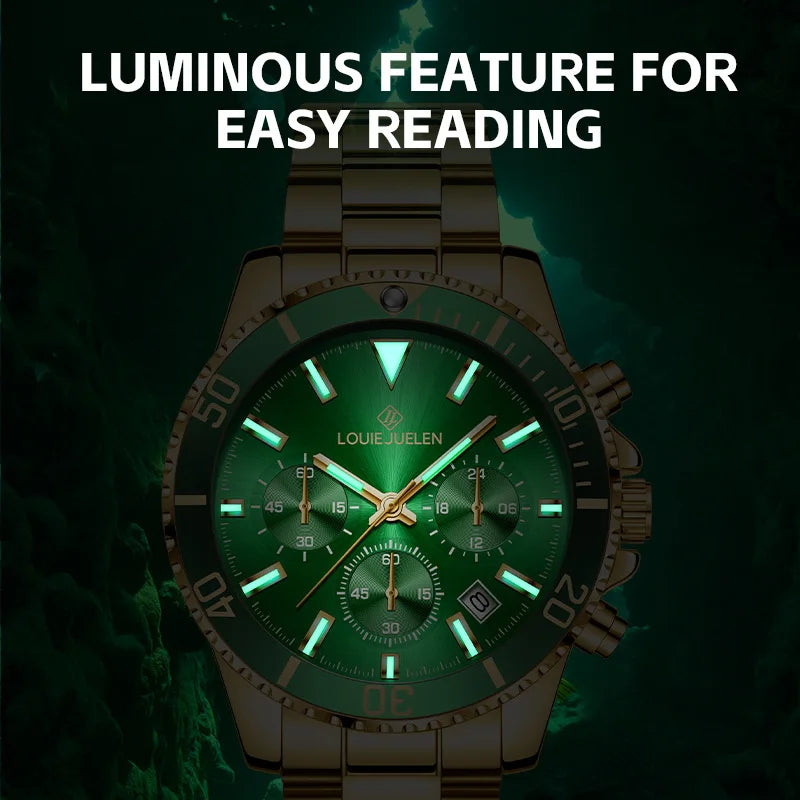 Montre Homme Style Submariner – Chronographe Vert Lumineux, Bracelet Acier Inoxydable (30 m)