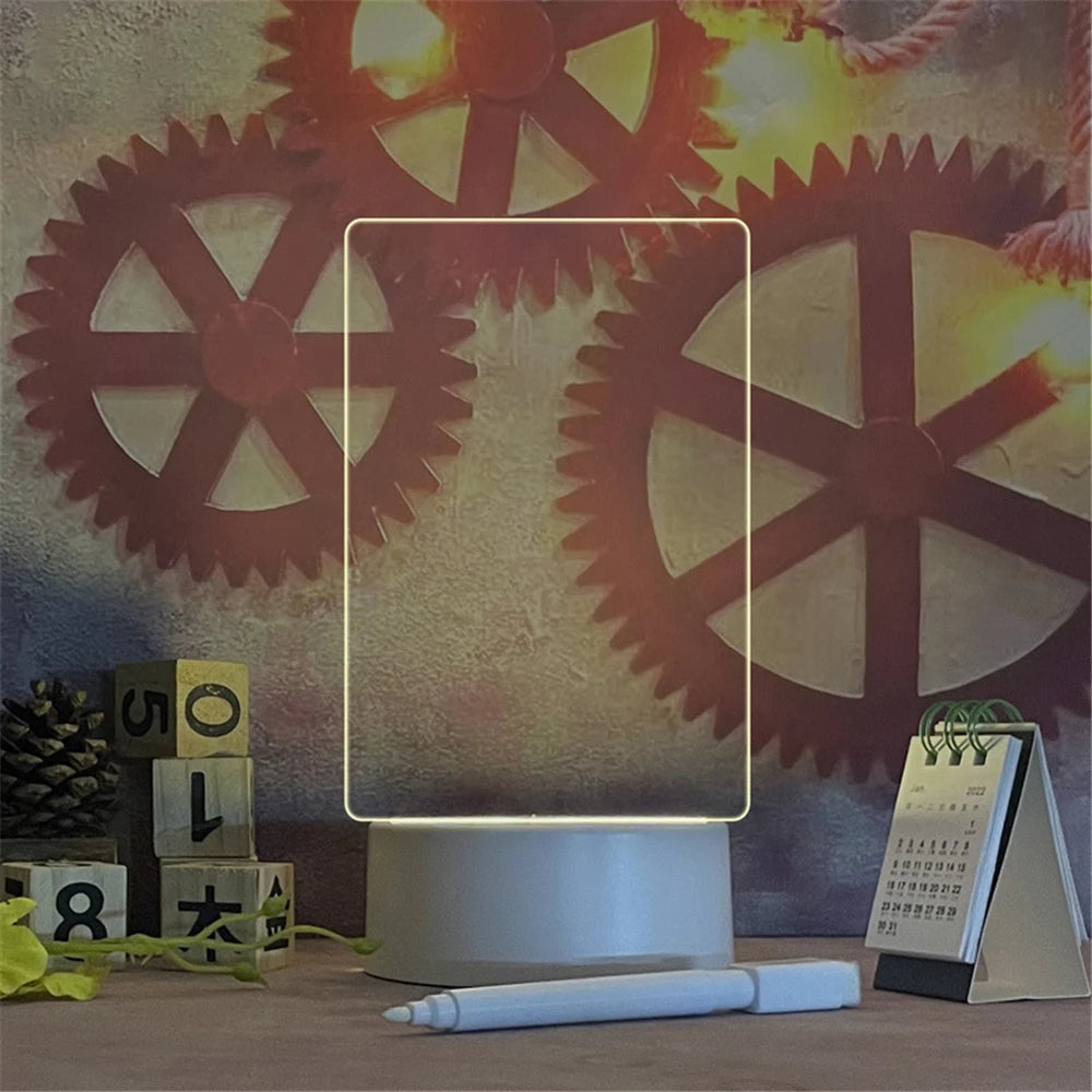 Lampe LED Acrylique Transparente USB – Tableau Lumineux Effaçable pour Messages & Calendrier, Décoration Bureau