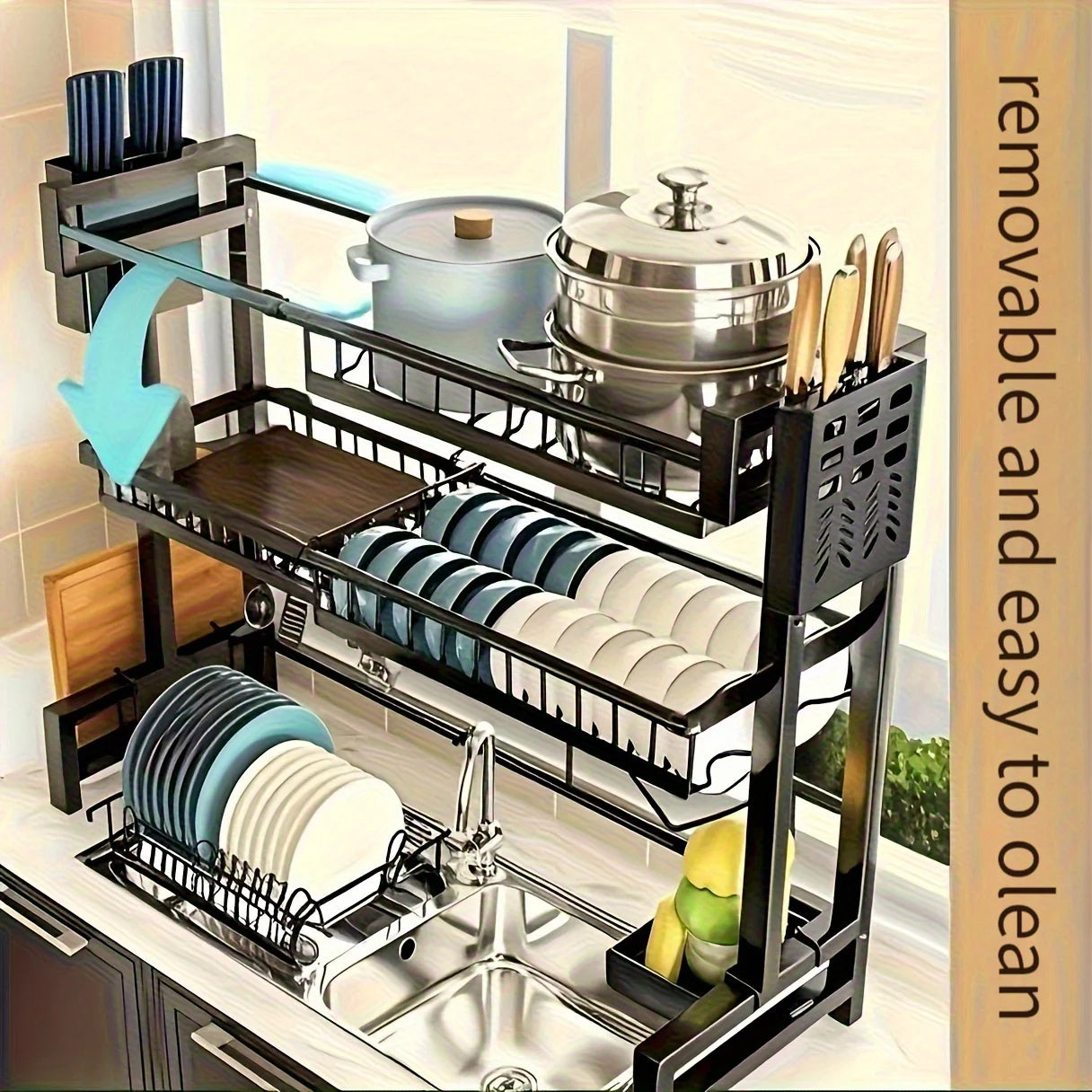 Égouttoir de Vaisselle Extensible 2 Niveaux en Métal Noir – Support Réglable avec Range-Couverts pour Évier