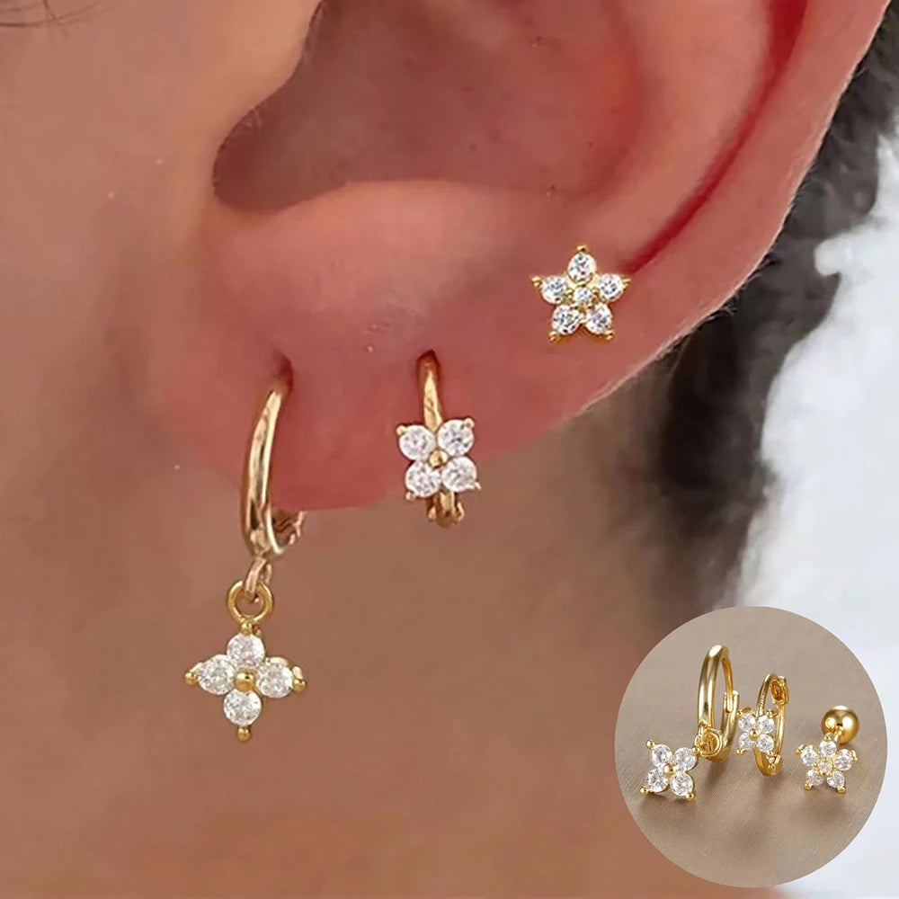 Set de 3 Boucles d’Oreilles Puces Couronne – Plaqué Or 14K avec Cristaux Zircon pour Femme