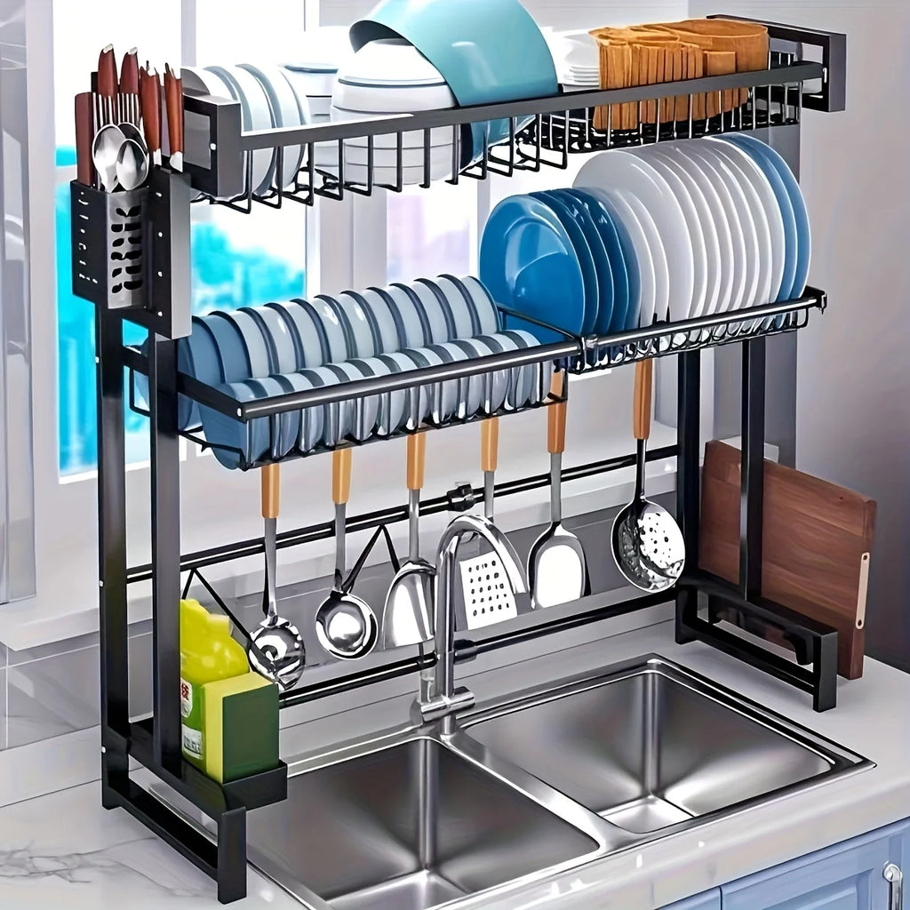 Égouttoir de Vaisselle Extensible 2 Niveaux en Métal Noir – Support Réglable avec Range-Couverts pour Évier