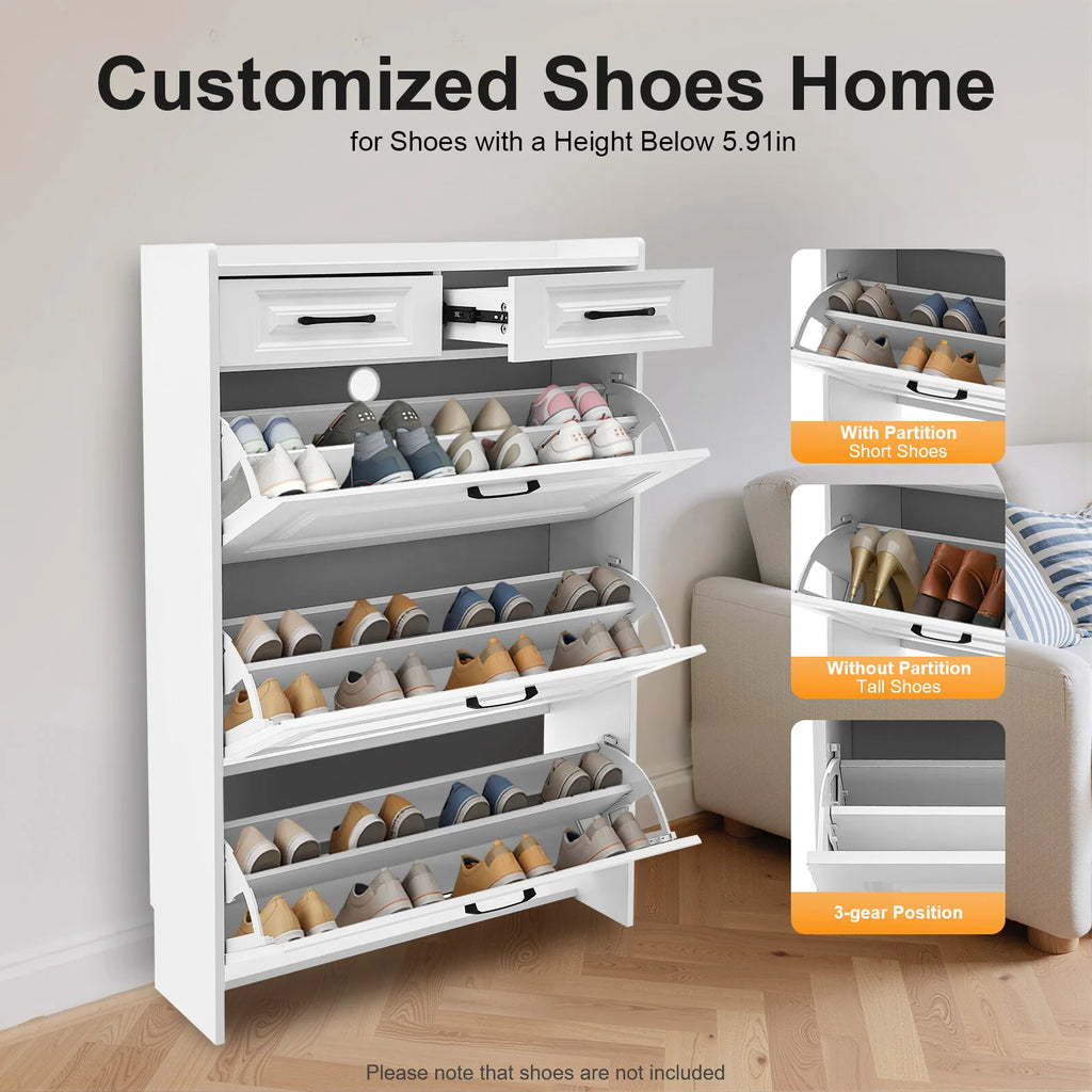 Meuble à Chaussures Étroit à Abattants – 3 Tiroirs Basculants + 2 Tiroirs Supplémentaires pour Entrée & Couloir