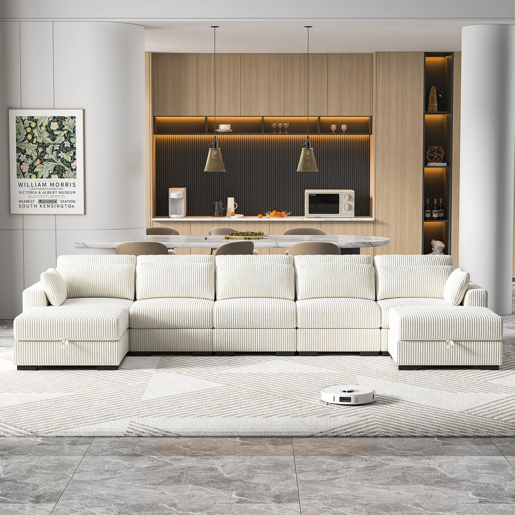 Modular Multi-Seater Sofa in Corduroy – High Resilience Seat, Mobile Footrest, Removable Cushions &amp; Integrated Storage