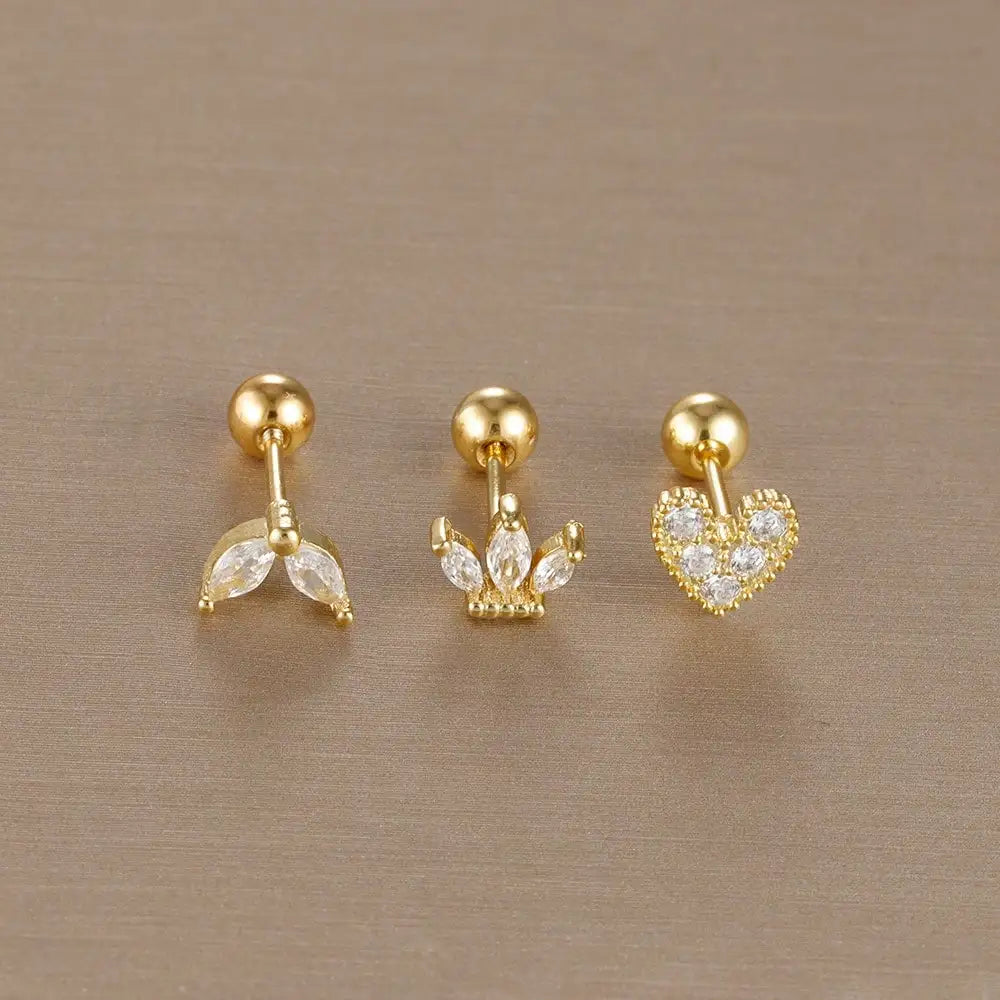 Set de 3 Boucles d’Oreilles Puces Couronne – Plaqué Or 14K avec Cristaux Zircon pour Femme