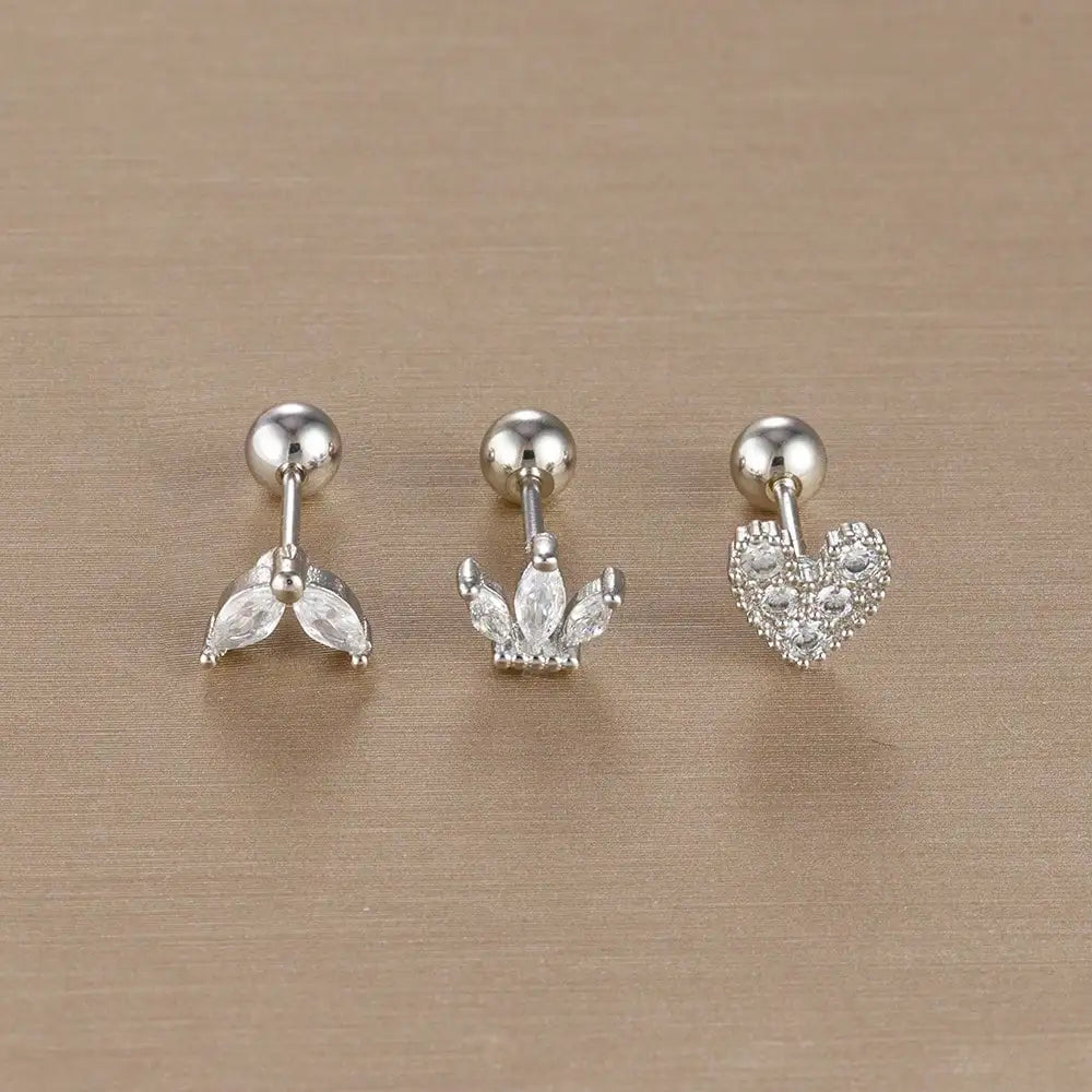 Set de 3 Boucles d’Oreilles Puces Couronne – Plaqué Or 14K avec Cristaux Zircon pour Femme