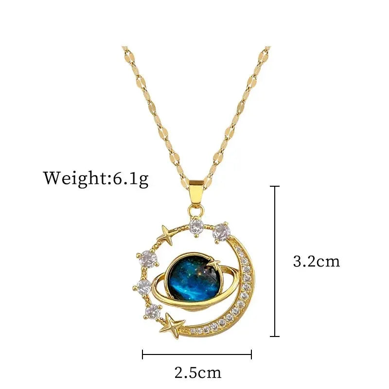 Planet, Moon and Astronaut Pendant Necklace – Star Series in Titanium Steel, Gold Color for Women