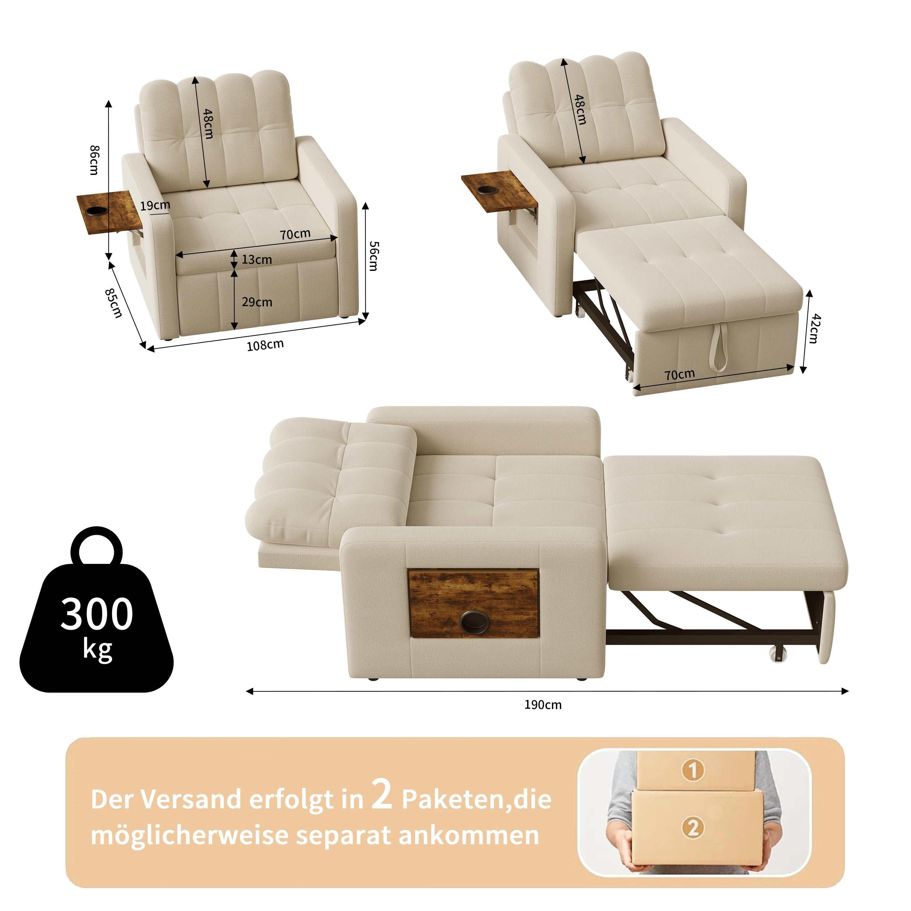 Fauteuil-Lit 3-en-1 Comanlai – Convertible Pull-Out avec Dossier Réglable, Coussin, Porte-Gobelet & Poche Latérale