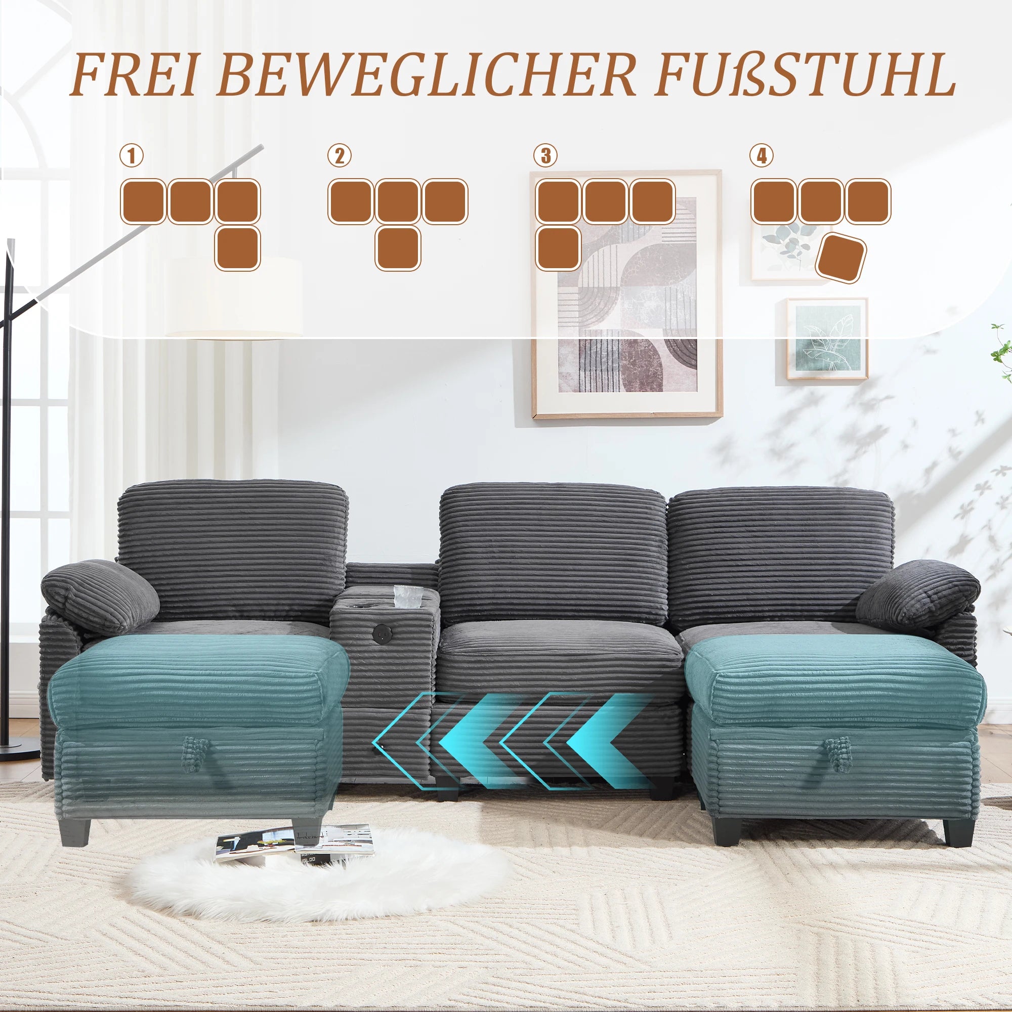 Canapé Large en Tissu Cordé – Mousse Confort, Console Centrale Amovible (2 Porte-Gobelets + Rangement) + Port USB-C & Poche Latérale