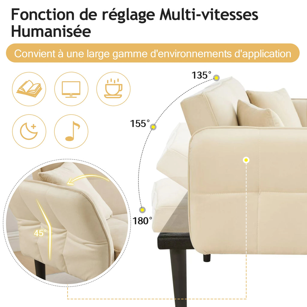 Canapé-Lit 2 Places Réglable 2-en-1 – Revêtement Velours, Accoudoirs Pliables & Fonction Couchage, Idéal Petits Espaces