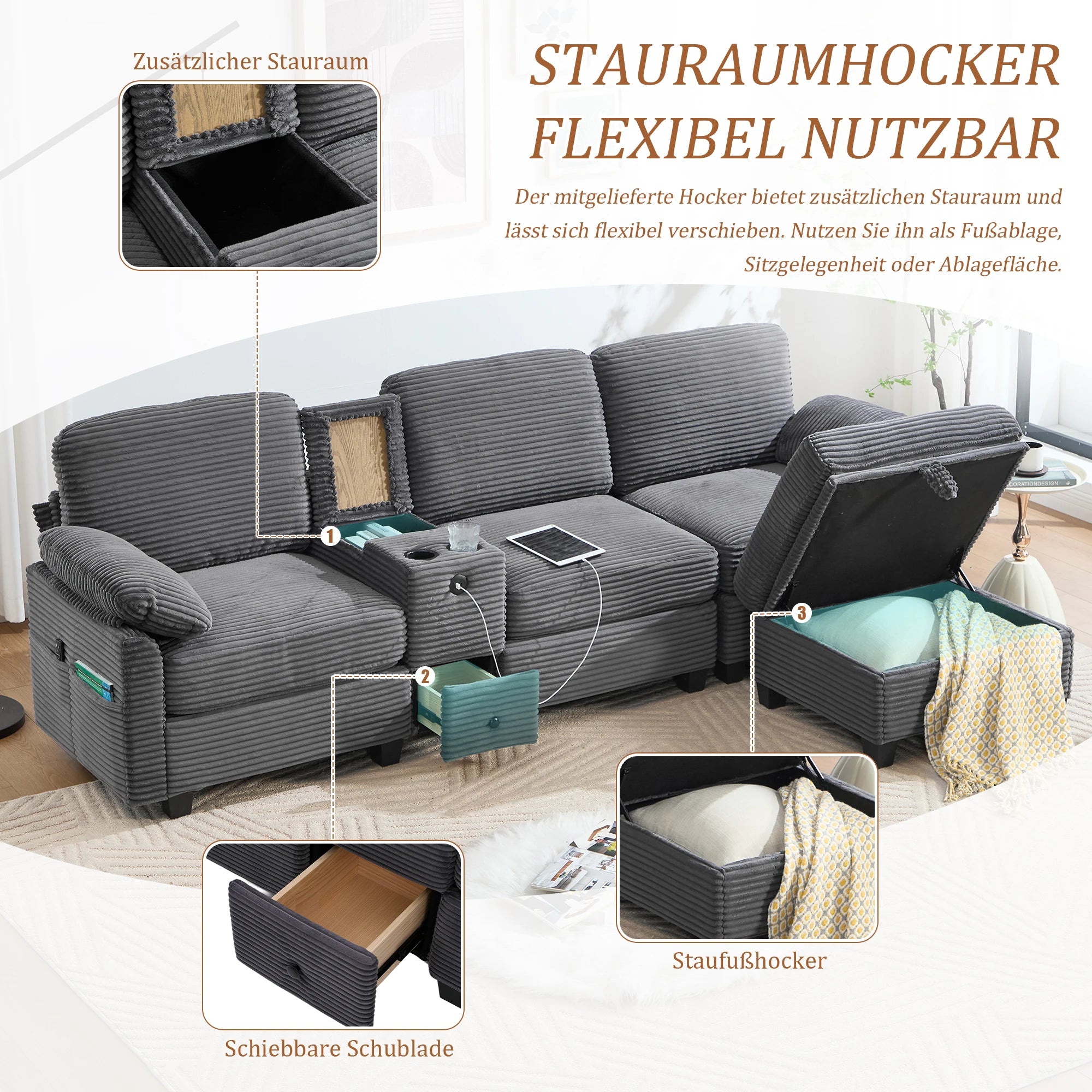 Canapé Large en Tissu Cordé – Mousse Confort, Console Centrale Amovible (2 Porte-Gobelets + Rangement) + Port USB-C & Poche Latérale