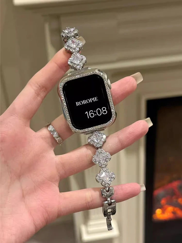Bracelet Luxe Strass pour Apple Watch – Bracelet Métal Élégant Femme