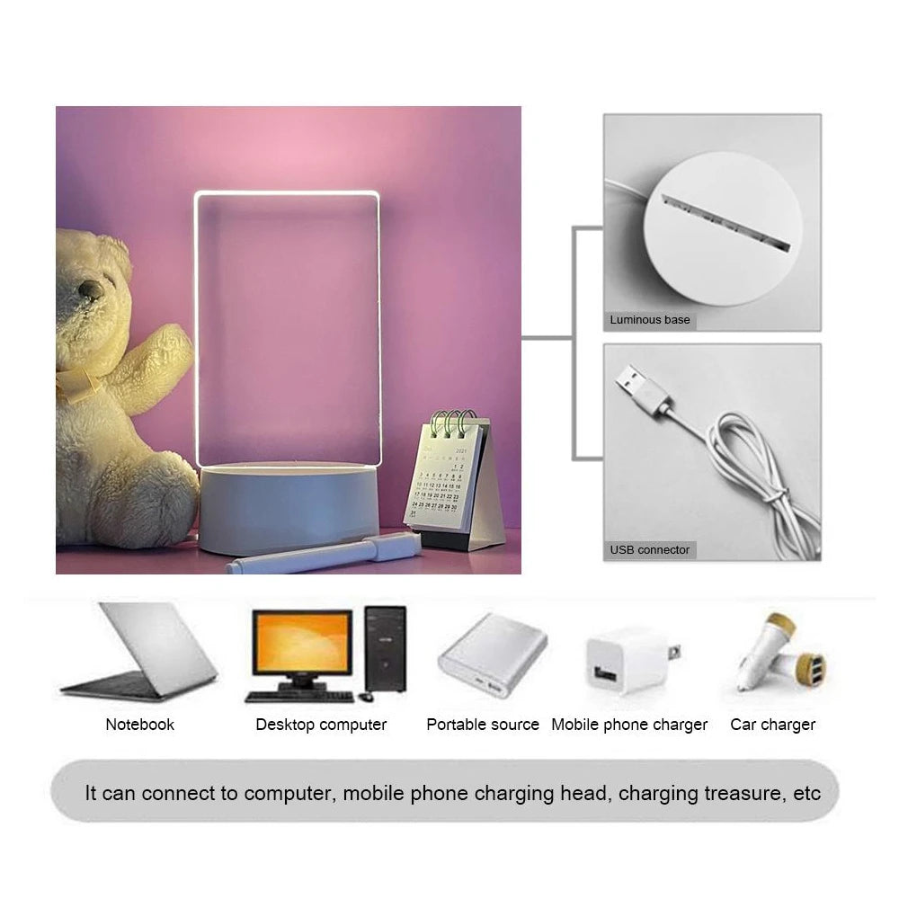 Lampe LED Acrylique Transparente USB – Tableau Lumineux Effaçable pour Messages & Calendrier, Décoration Bureau
