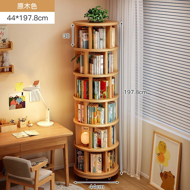 Bibliothèque Rotative 360° en Bois Massif – Étagère Mobile Gain de Place pour Coin & Chambre Enfant
