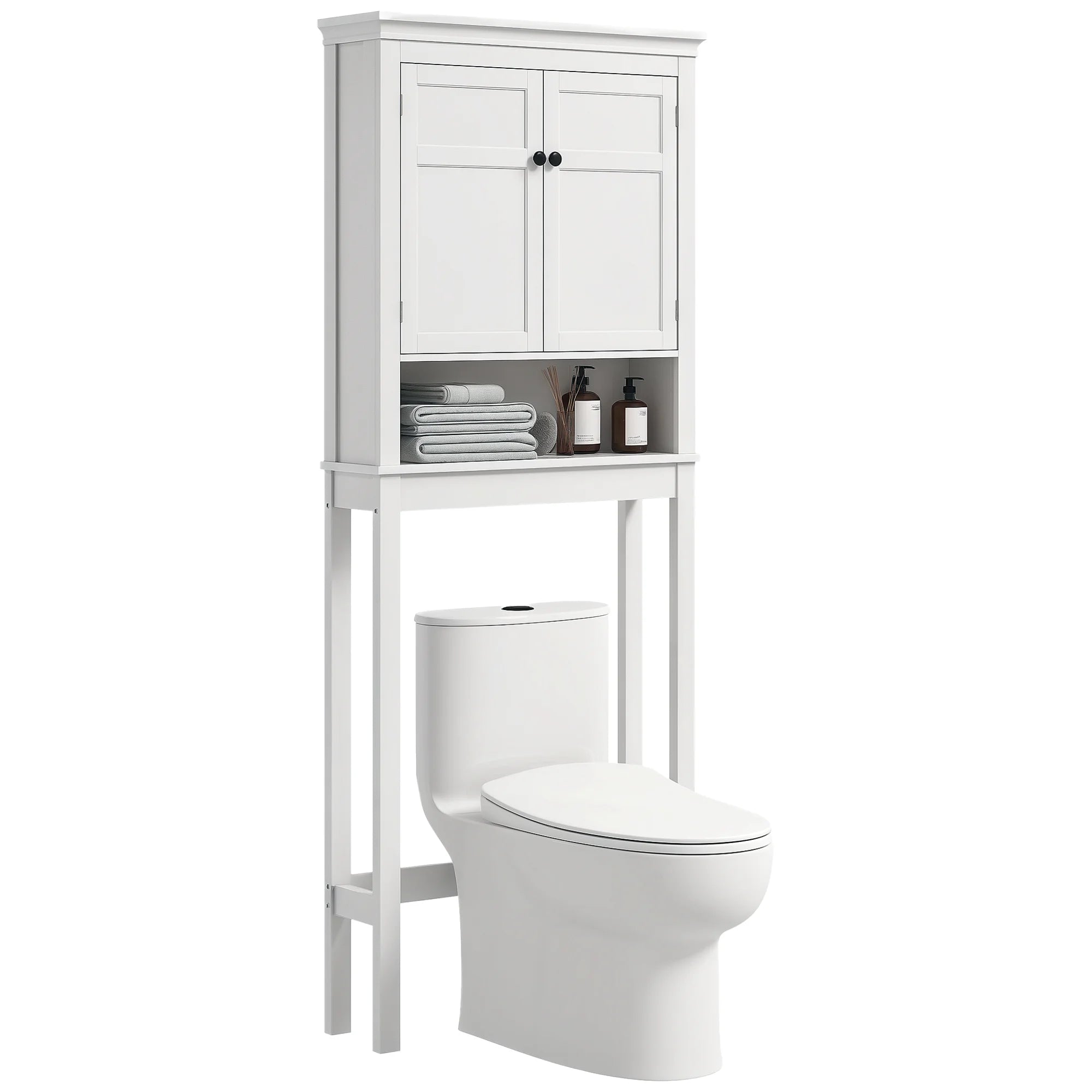 Meuble WC HOMCOM avec 2 Portes – Armoire de Salle de Bain Blanche avec Étagère Réglable & Compartiment Ouvert (70 × 20 × 175 cm)