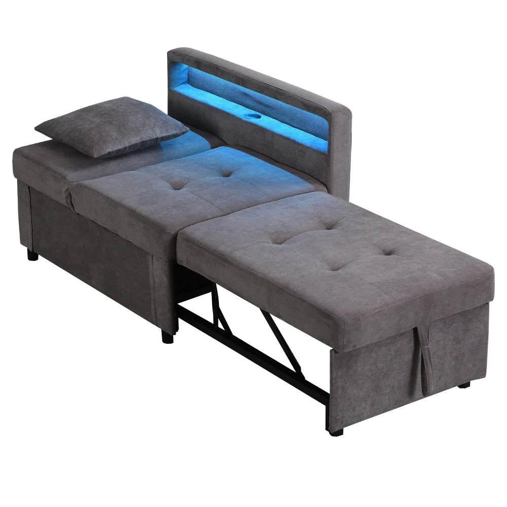 أريكة سرير من الكتان 3 في 1 - مسند ظهر قابل للتعديل مع مصابيح LED، مساند للذراعين + منافذ USB و Type-C، قابلة للتحويل لتوفير المساحة