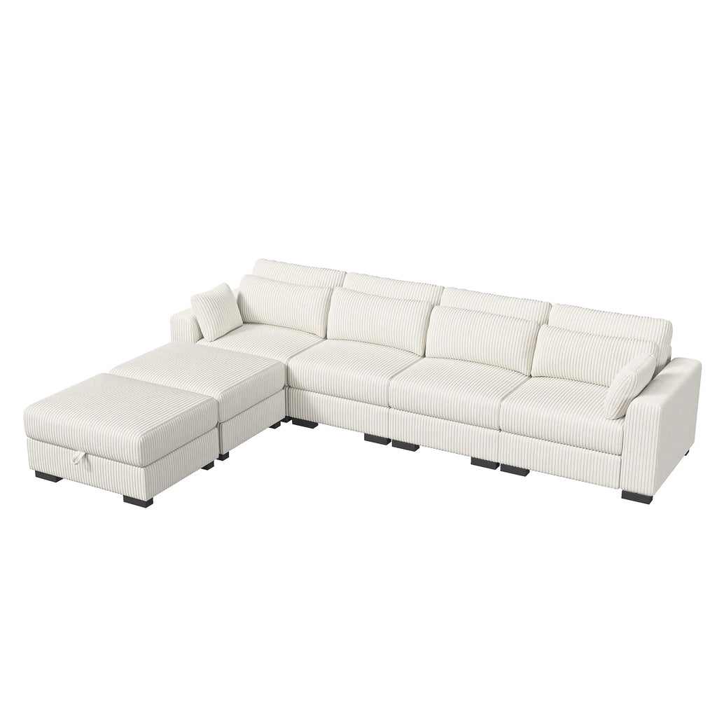 Modular Multi-Seater Sofa in Corduroy – High Resilience Seat, Mobile Footrest, Removable Cushions &amp; Integrated Storage