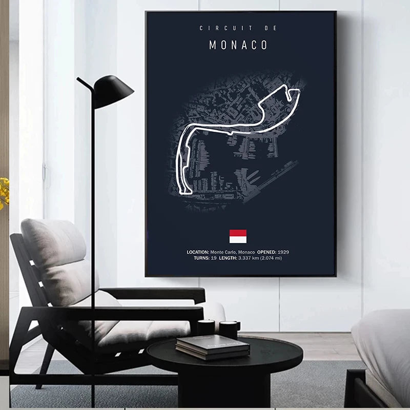 Affiche Murale Motorsport Formule 1 – Illustration des Circuits d’Imola et Monaco, Style Nordique, Décoration Intérieure