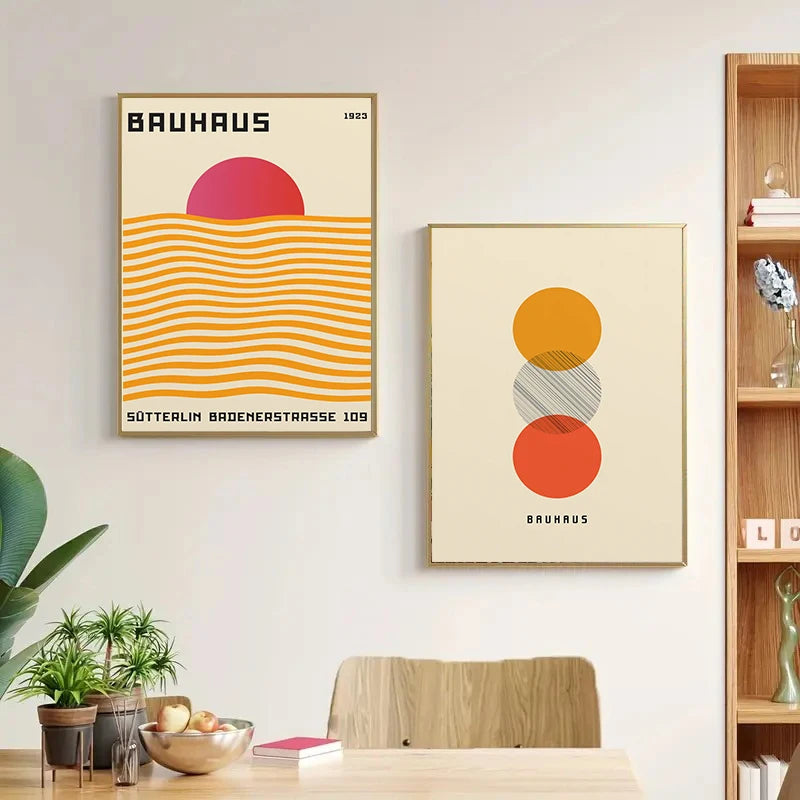 Abstract Geometric Bauhaus Style Wall Art – Modern Orange Illustration with Sun and Bicycle, Interior Decoration