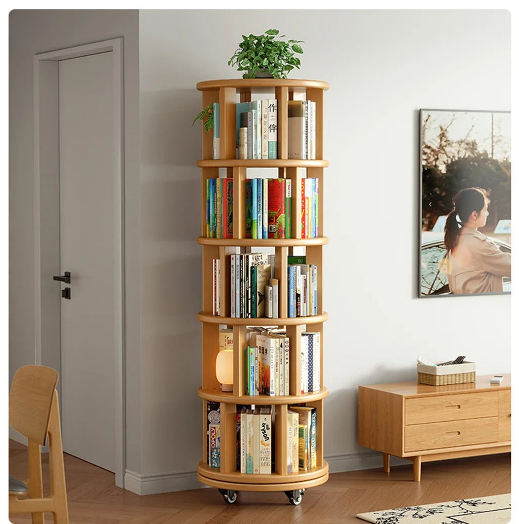 Bibliothèque Rotative 360° en Bois Massif – Étagère Mobile Gain de Place pour Coin & Chambre Enfant
