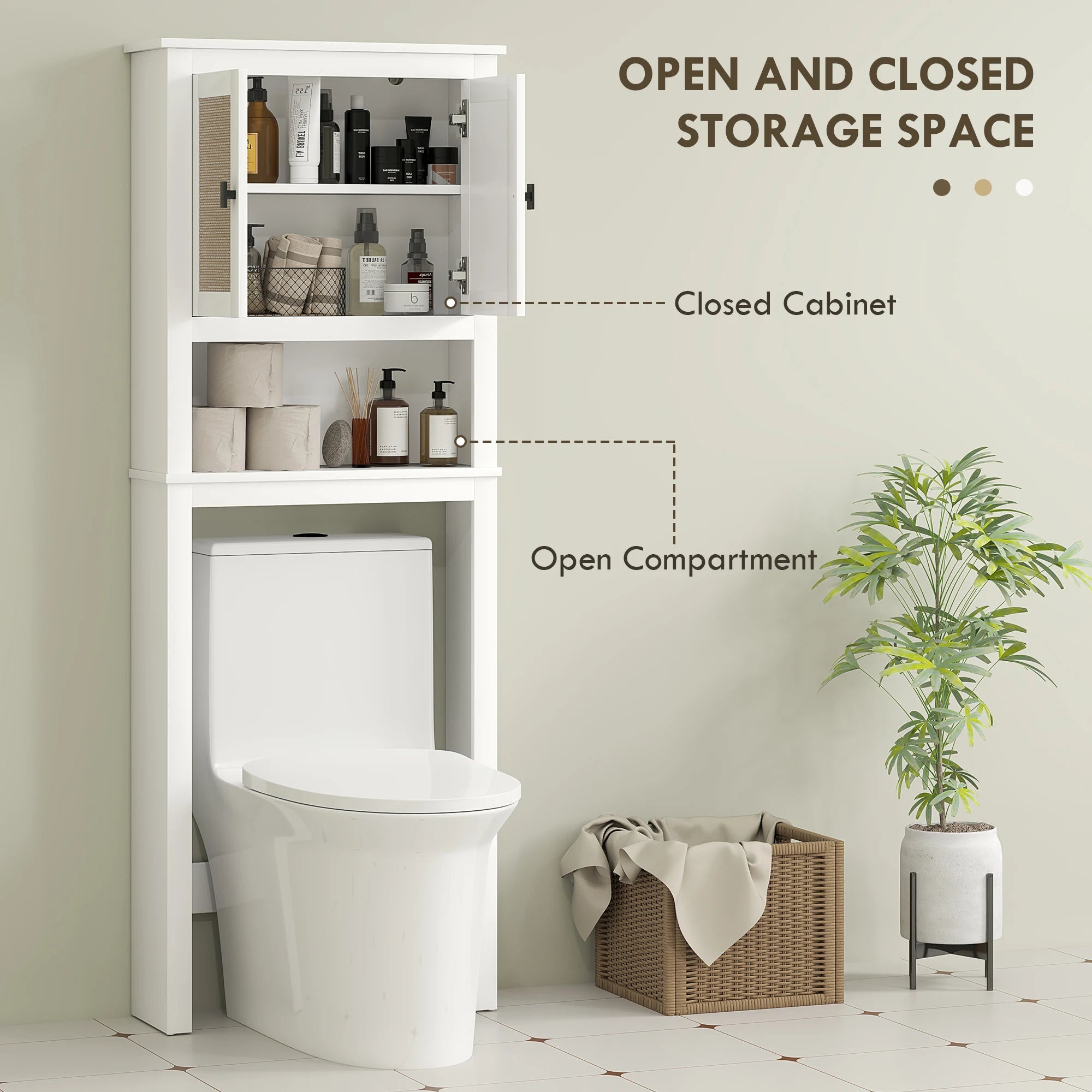 Meuble WC avec 2 Portes – Armoire de Toilette Blanche avec Façade Effet Rotin